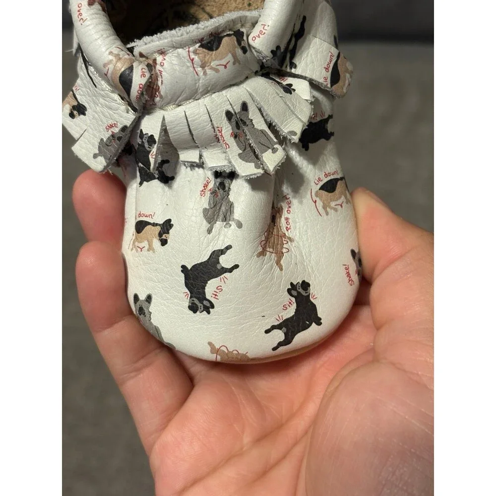 Freshly Picked White with playful french bulldog print Leather moccasins Size 2